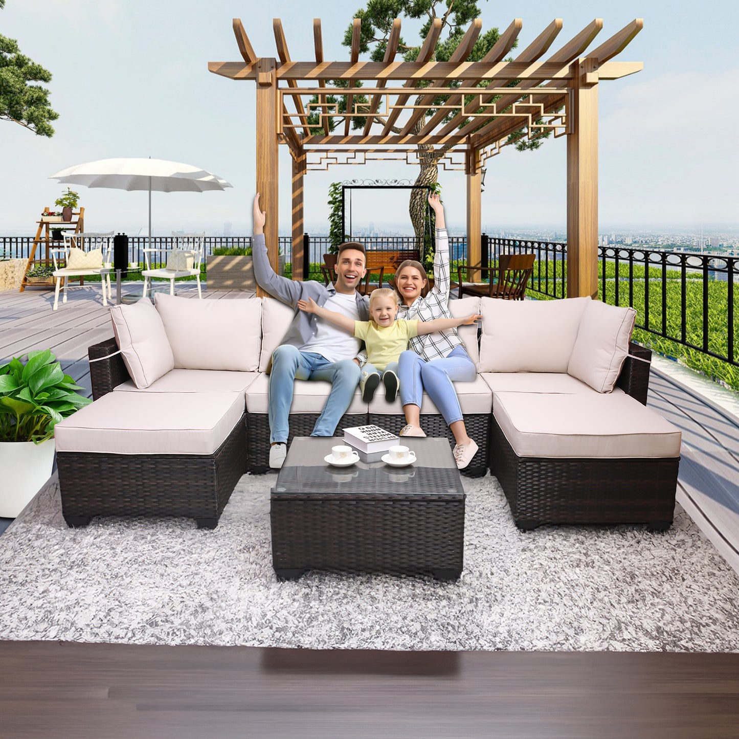 7 pieces outdoor patio sectional sofa couch set with washable cushions & glass coffee table