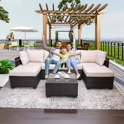 7 Pieces Outdoor Patio Sectional Sofa Couch Set with Washable Cushions & Glass Coffee Table