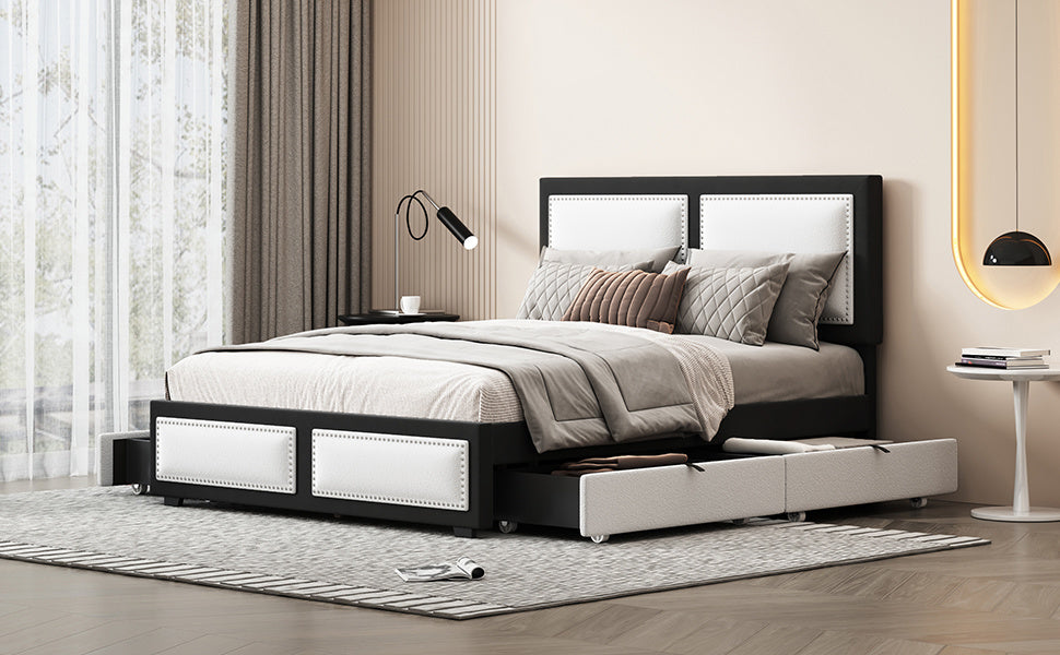 teddy upholstered platform bed with large rivet-decorated backrests and 4 drawers, velvet black+white