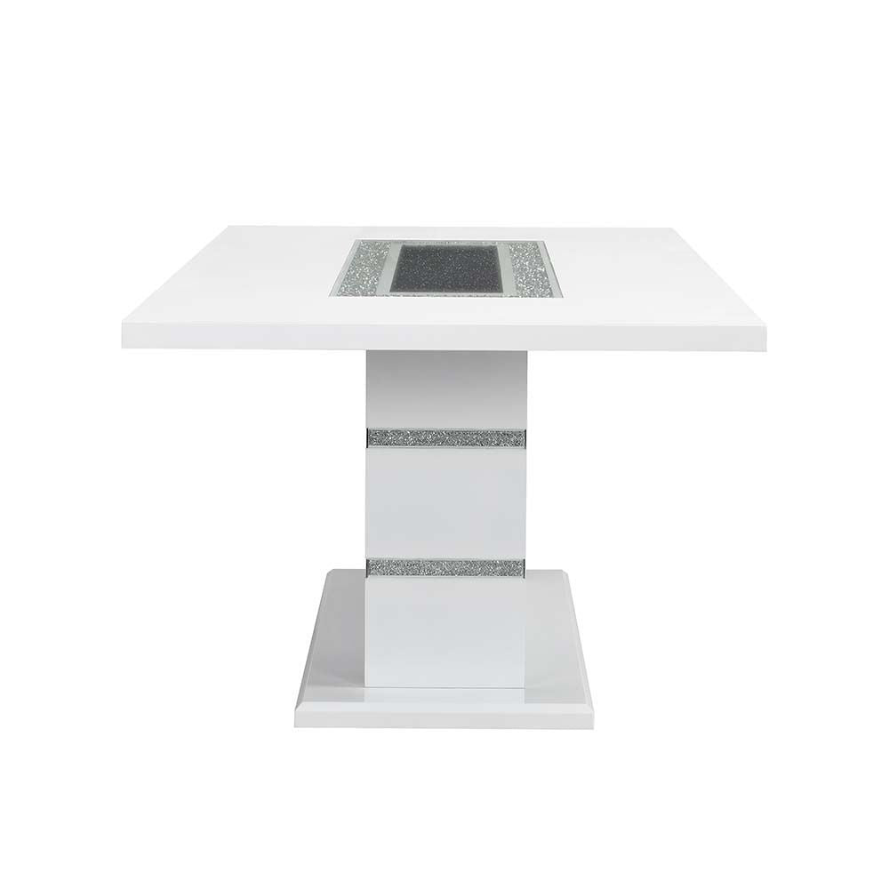 acme elizaveta dining table, gray velvet, faux crystal diamonds &white high gloss finish