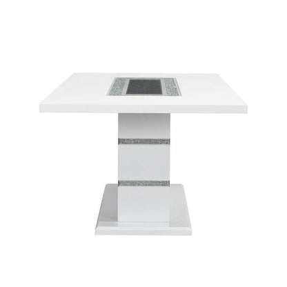 ACME Elizaveta Dining Table, Gray Velvet, Faux Crystal Diamonds &White High Gloss Finish