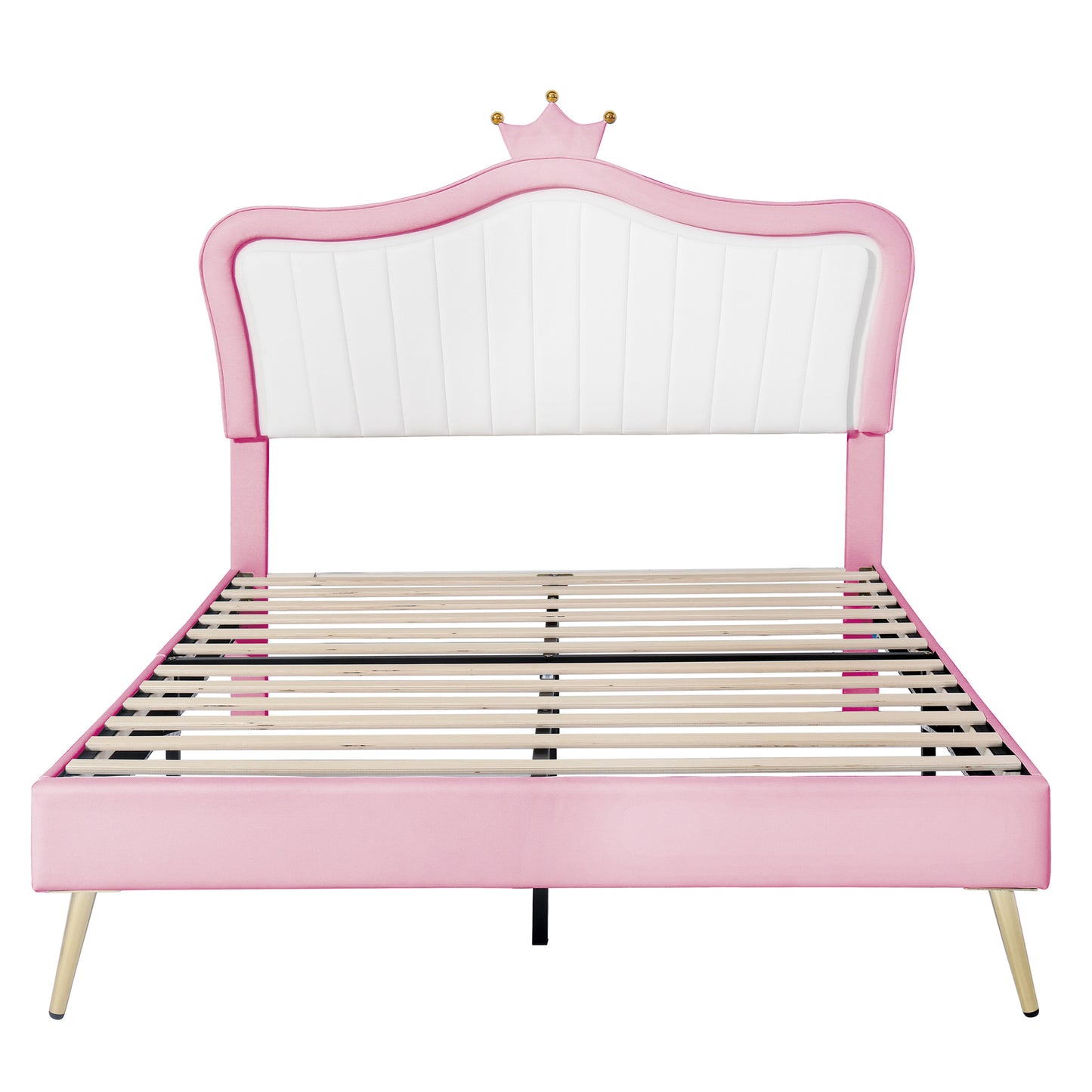 modern upholstered princess bed with crown headboard and led lights, white+pink