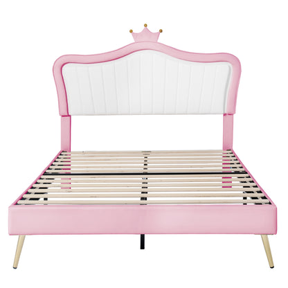 Modern Upholstered Princess Bed With Crown Headboard and LED Lights, White+Pink
