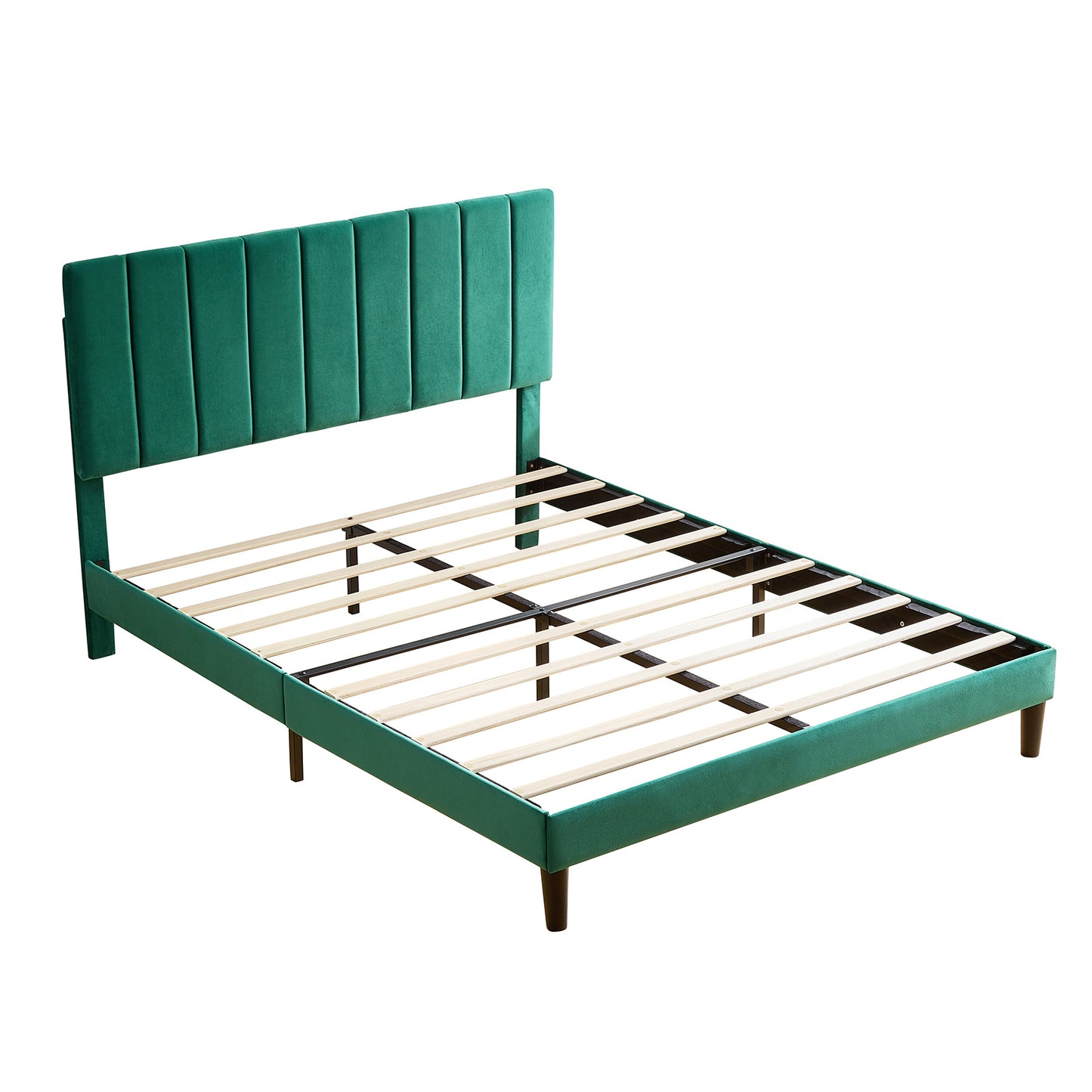 queen size platform bed with upholstered headboard and slat support, green
