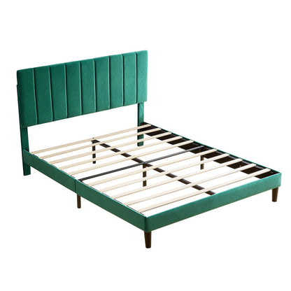 Queen Size Platform Bed with Upholstered Headboard and Slat Support, Green