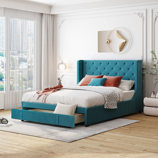 Velvet Upholstered Platform Bed with Wingback Headboard and a Big Drawer, Blue