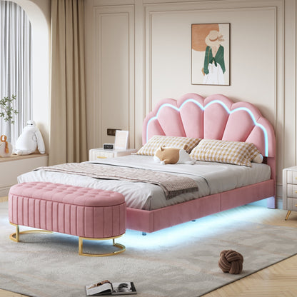 Upholstered LED Platform Bed with Storage Ottoman