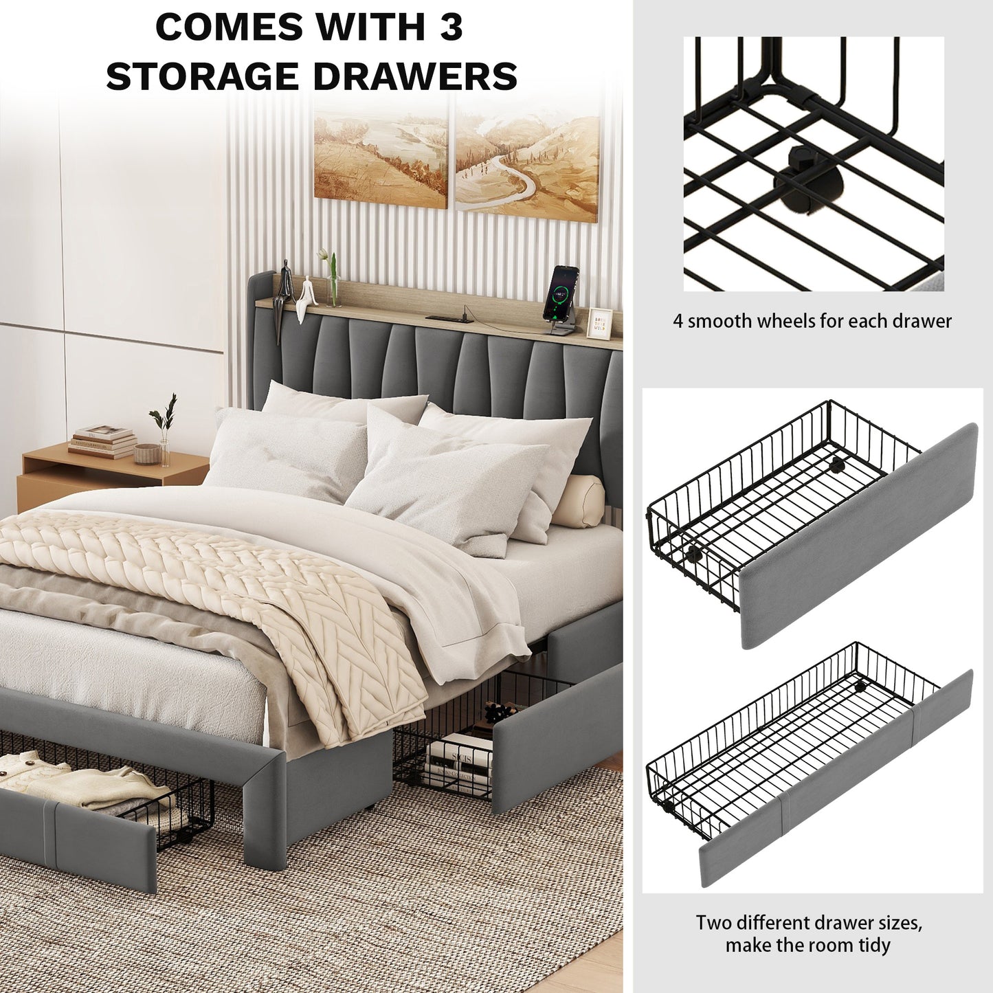 queen size bed frame with storage headboard and charging station,dark gray