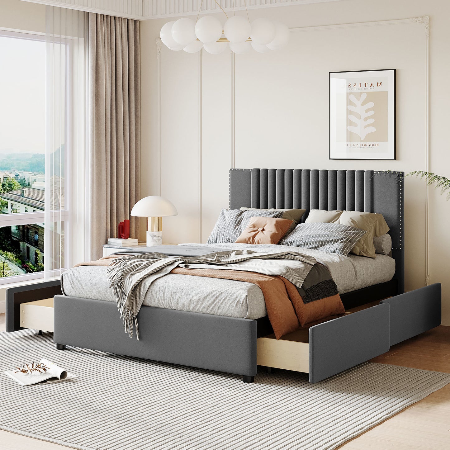 upholstered platform bed with classic headboard and 4 drawers, gray