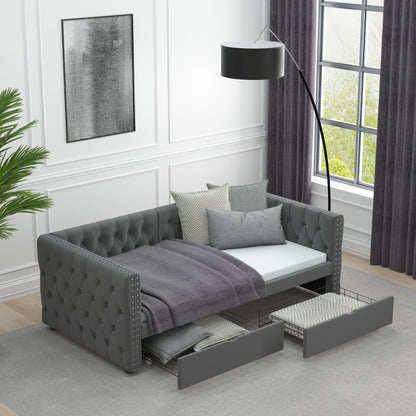 Velvet Upholstered Tufted Bed with Drawers, Grey