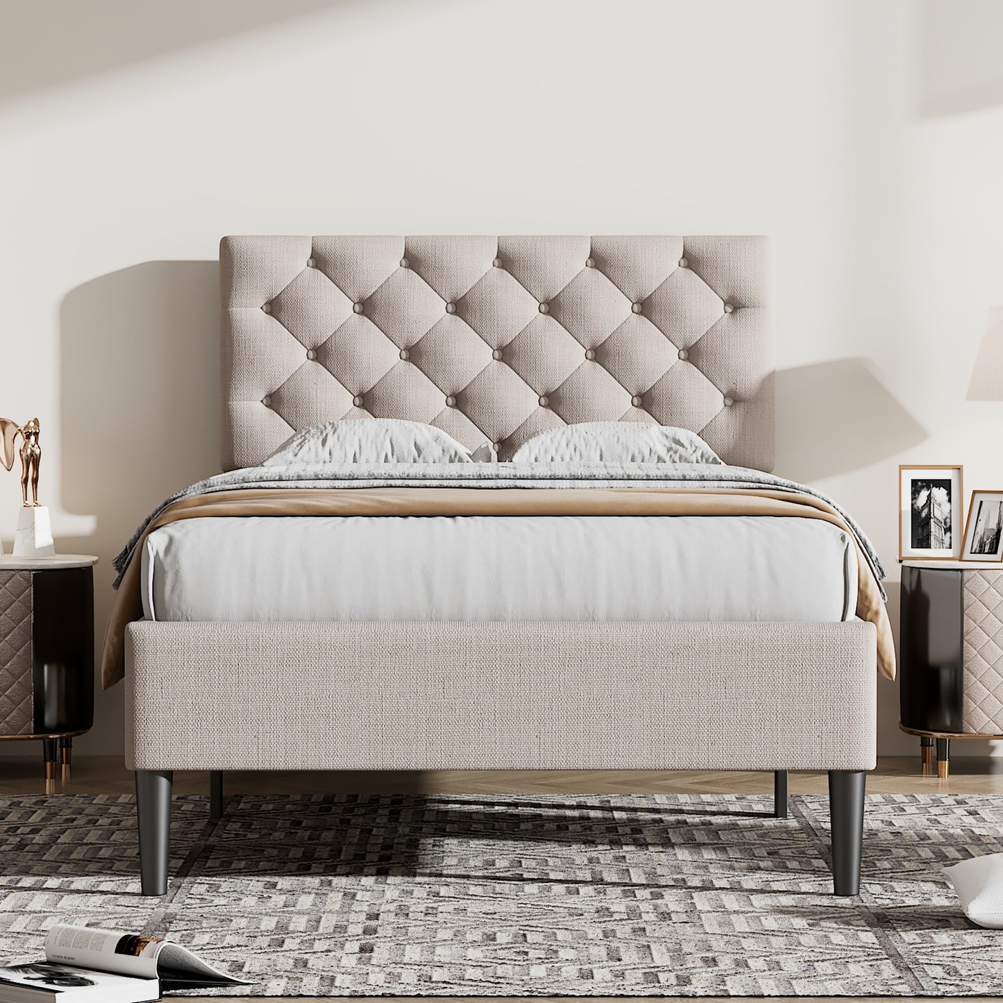 linen upholstered platform bed