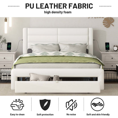 Leather Upholstered Platform Bed with Drawer Storage & Charging Station, White