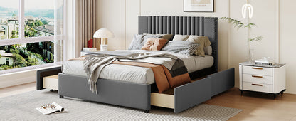 Upholstered Platform Bed with Classic Headboard and 4 Drawers, Gray
