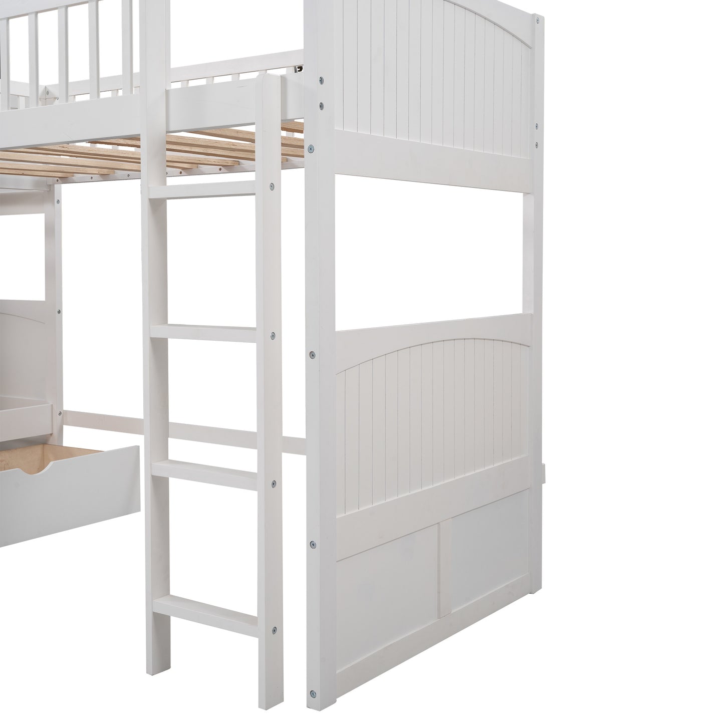 twin size bunk bed with a loft bed attached and two drawers, gray