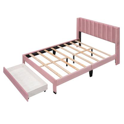 Velvet Upholstered Platform Bed with a Big Drawer - Pink