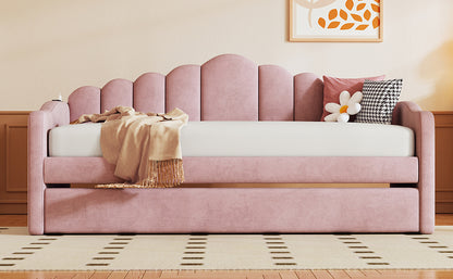 Upholstered Daybed with Trundle & USB Charging Ports, Pink