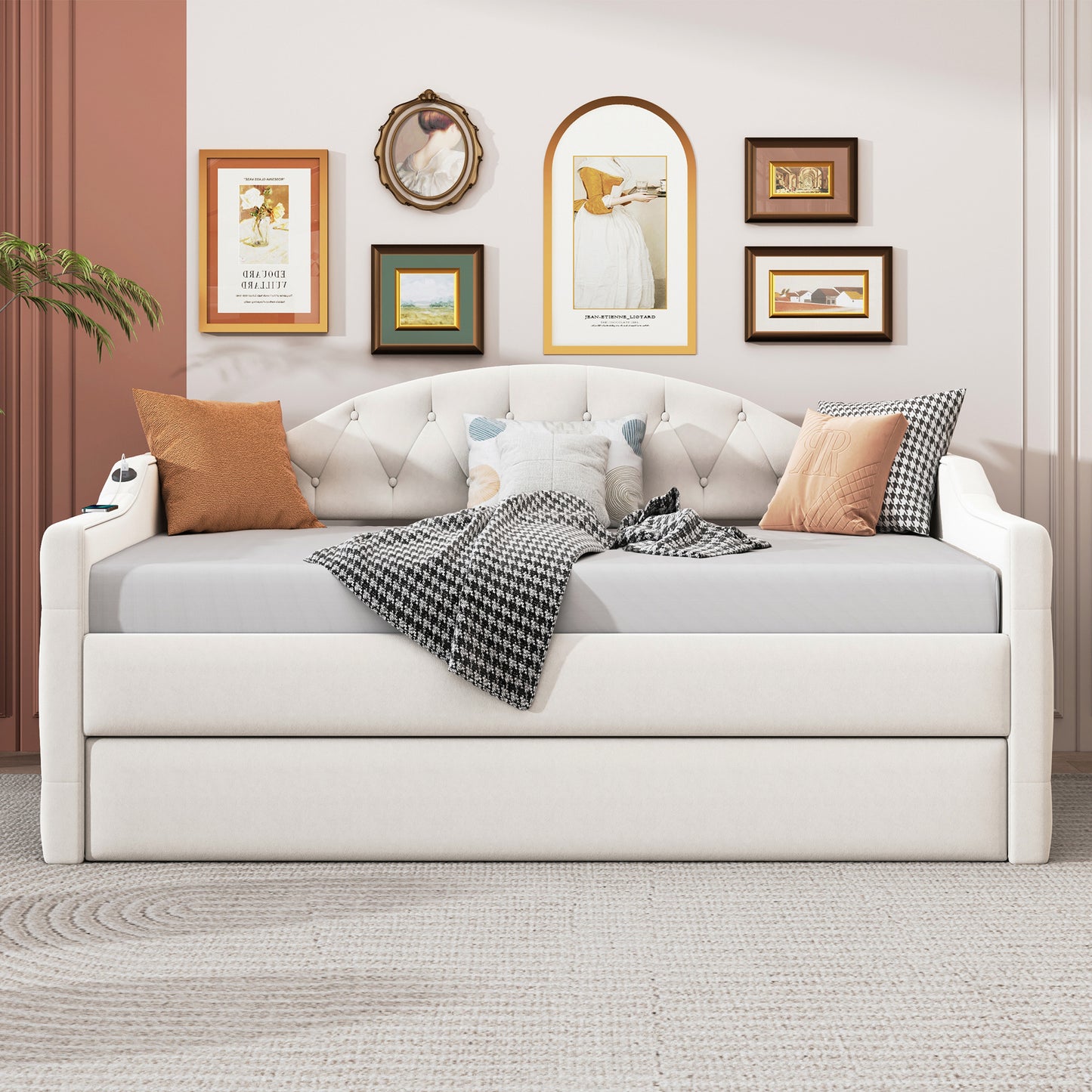 zara tufted upholstered bed with trundle, usb&type-c charging ports, beige