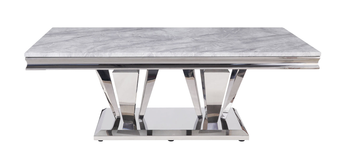 acme satinka coffee table, light gray printed faux marble & mirrored silver finish