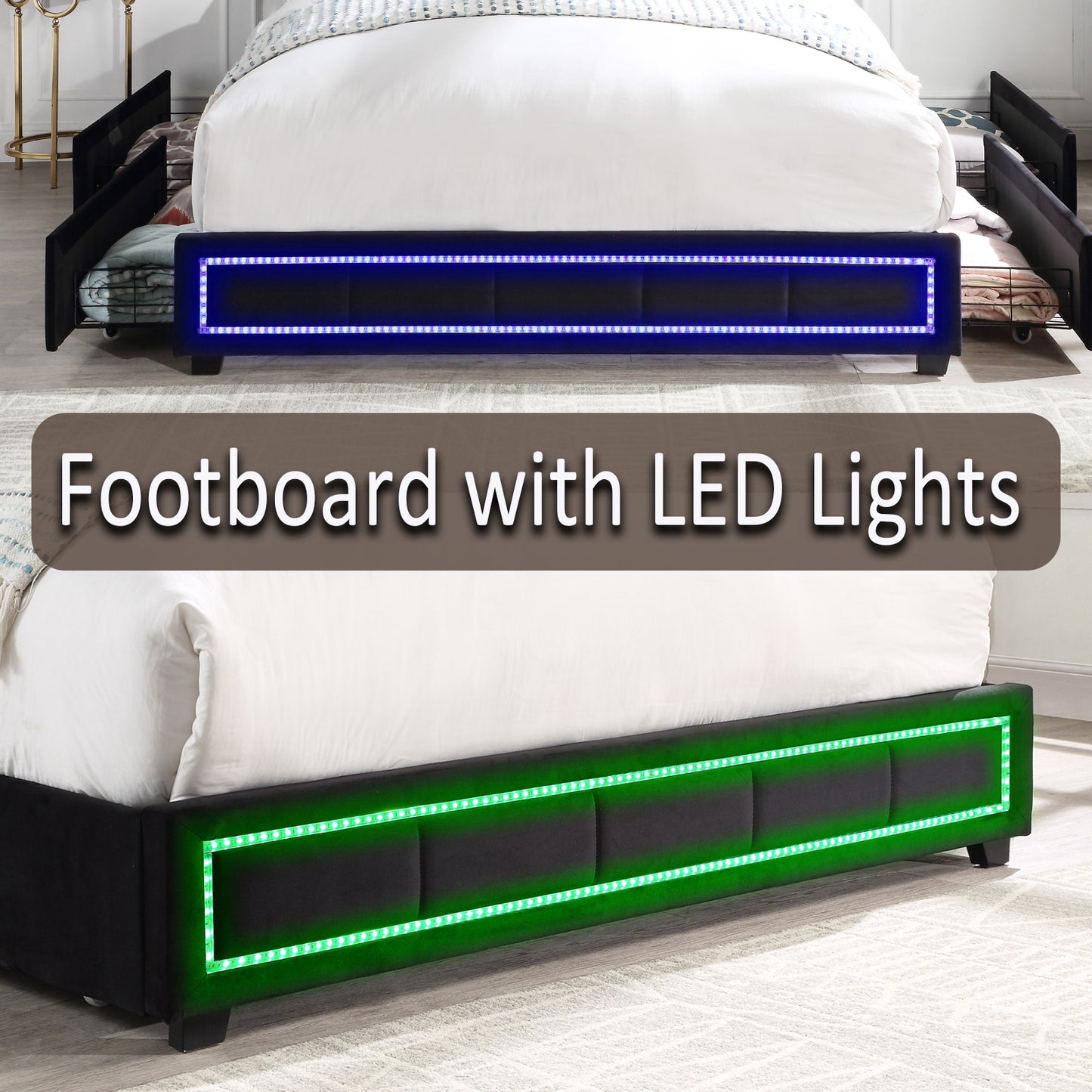 upholstered queen size platform bed with led lights, storage bed with 4 drawers, black