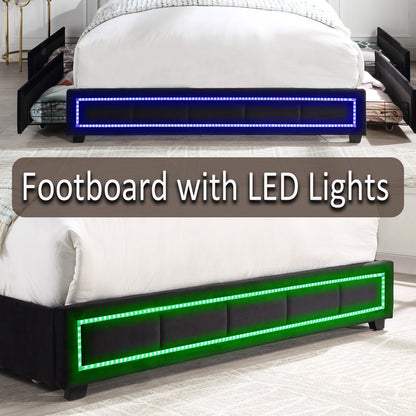 Upholstered Queen Size Platform Bed with LED Lights, Storage Bed with 4 Drawers, Black