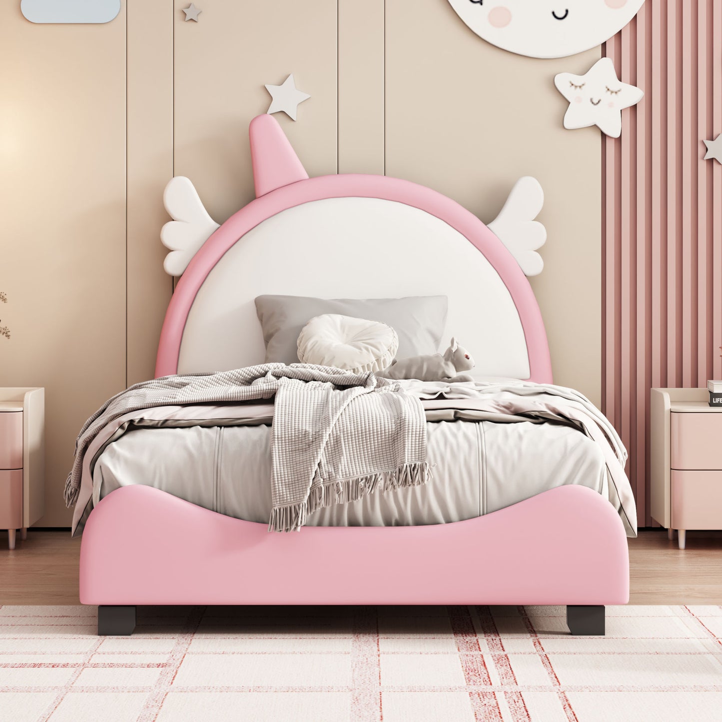 cute upholstered bed with unicorn shape headboard, white+pink