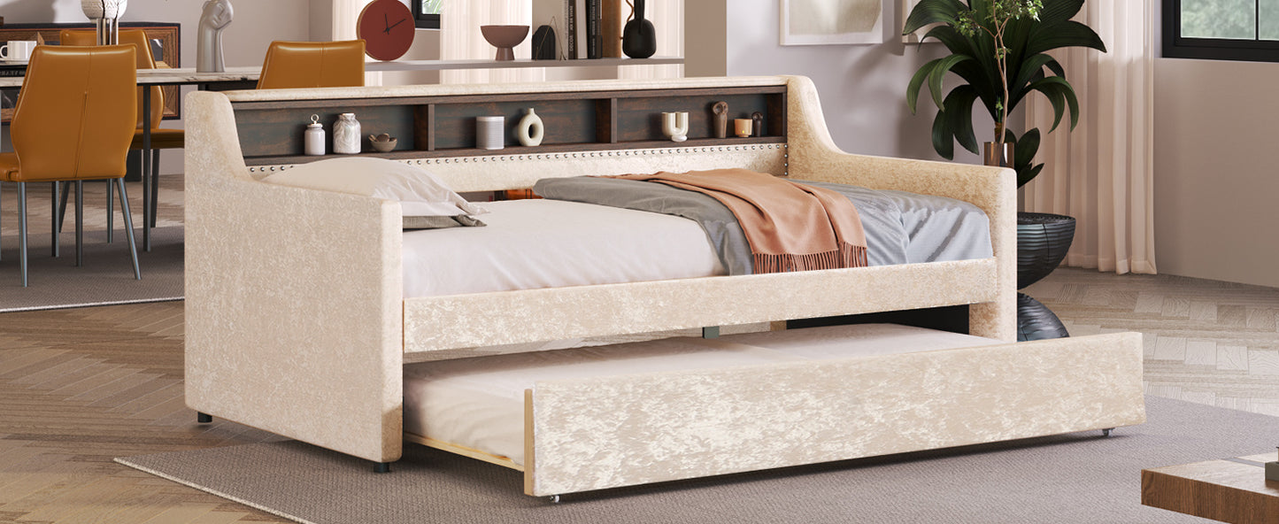 twin size snowflake velvet bed with built-in storage shelves, beige