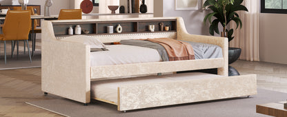 Twin Size Snowflake Velvet Bed with Built-in Storage Shelves, Beige