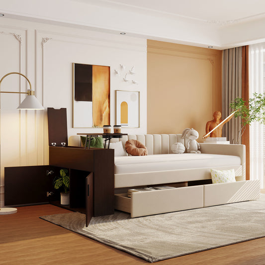 Upholstered Multi-functional Daybed with Cup Holder and a set of USB Ports and Sockets, Beige