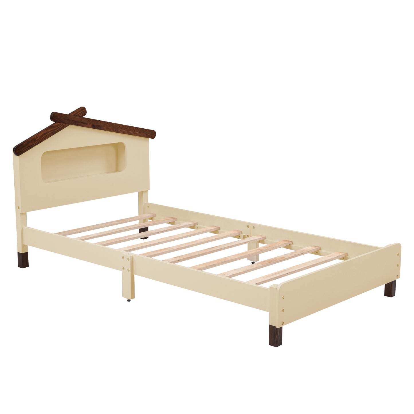 wood platform bed with house-shaped headboard and motion activated night lights, cream+walnut