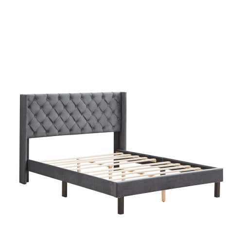 linen button tufted-upholstered bed with curve design