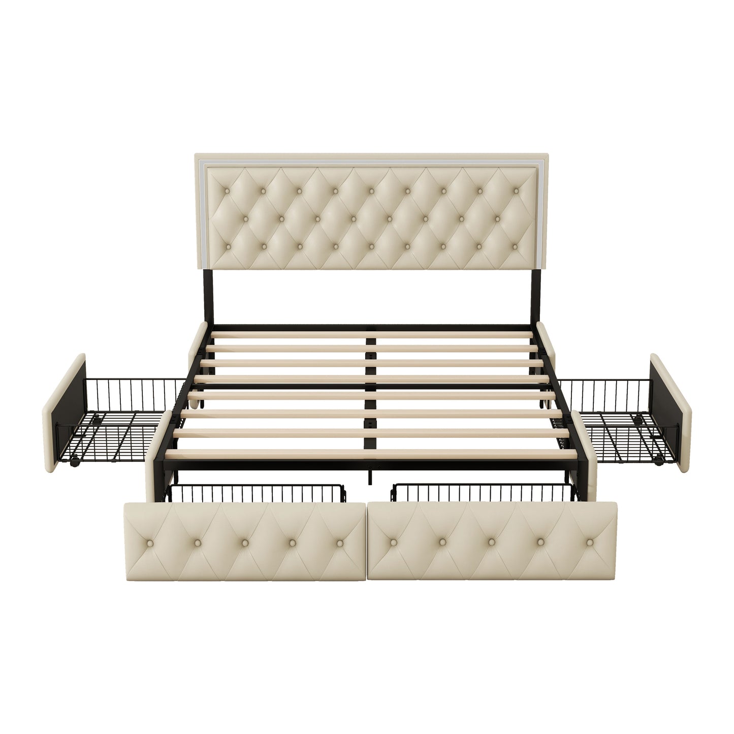 upholstered leather led headboard bed frame with 4 storage drawers, beige