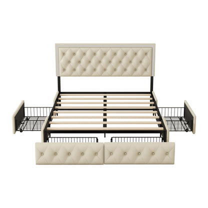 Upholstered Leather LED Headboard Bed Frame with 4 Storage Drawers, Beige