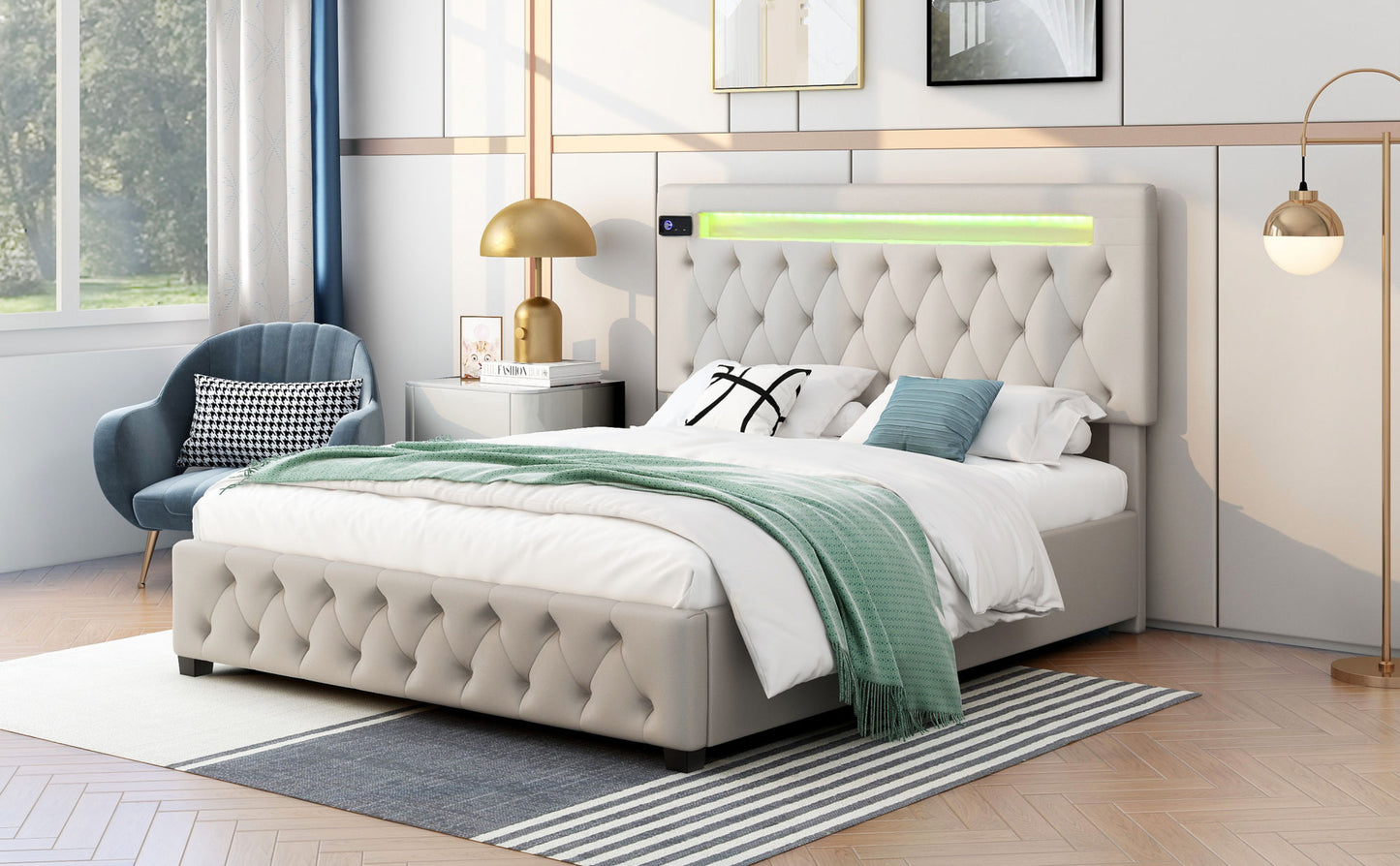 upholstered bed featured with bluetooth audio, led light and usb charging, beige