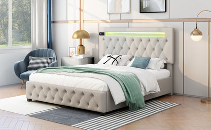 Upholstered Bed Featured with Bluetooth Audio, LED Light and USB Charging, Beige