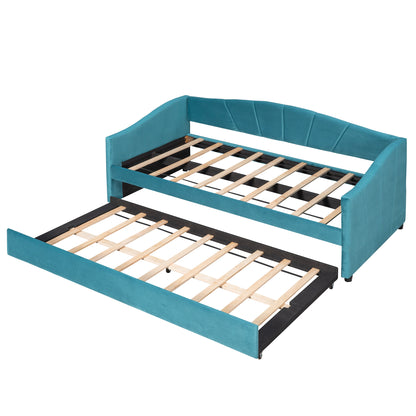 Upholstered Daybed with Trundle Bed and Wood Slat ; Blue