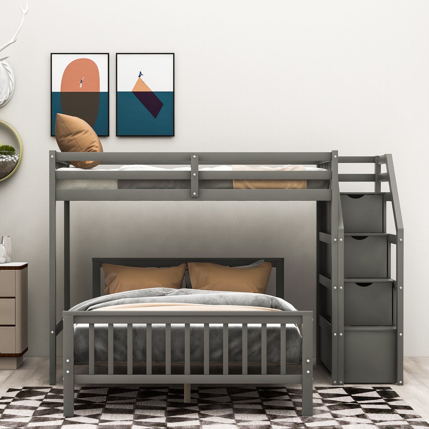 twin over full loft bed with staircase,gray