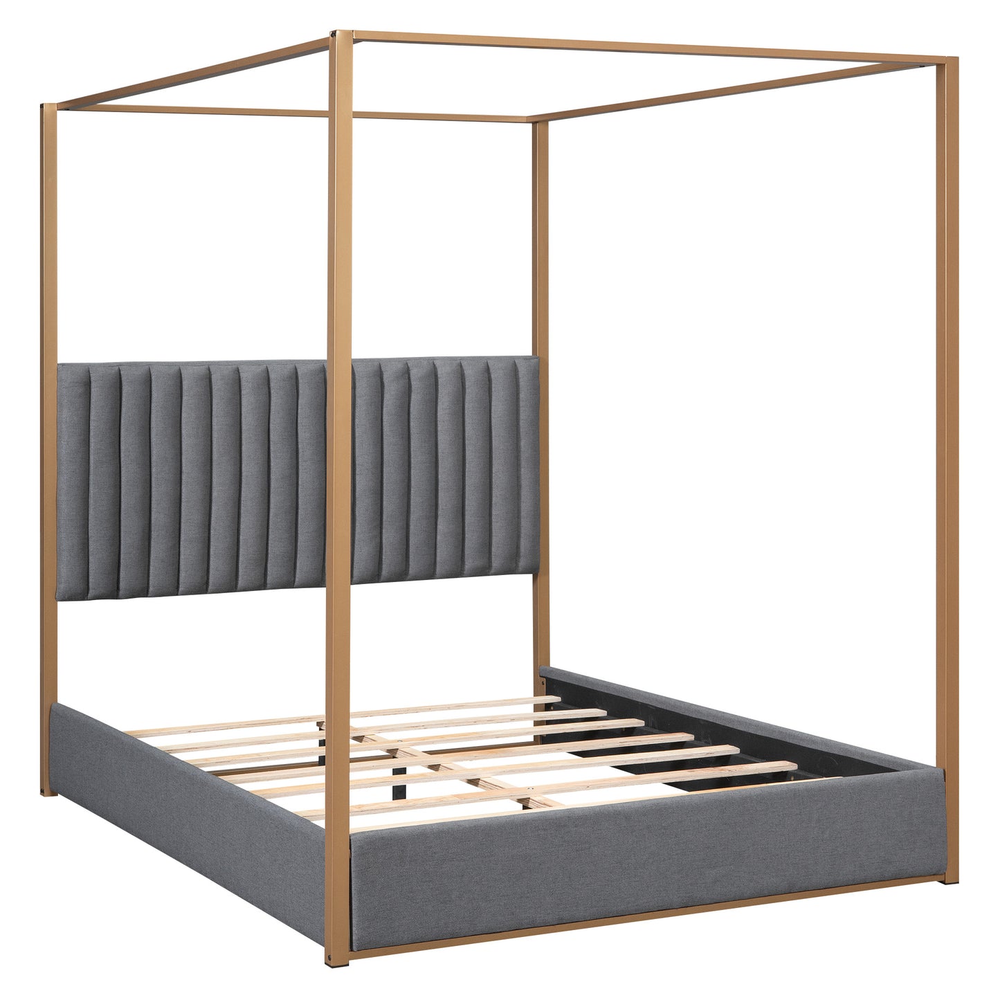 upholstery canopy platform bed with headboard and metal frame, gray
