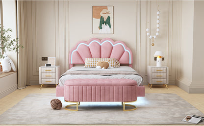 Velvet Upholstered LED Platform Bed with Storage Ottoman, Pink