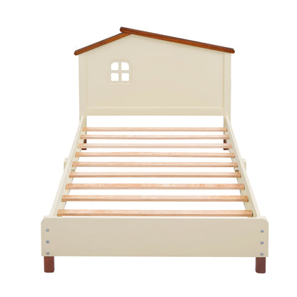 Wood Platform Bed with House-shaped Headboard (Cream+Walnut)