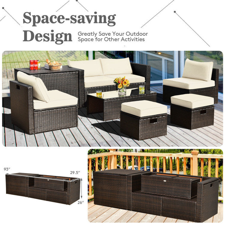 8 pieces patio space-saving rattan furniture set with storage box and waterproof cover