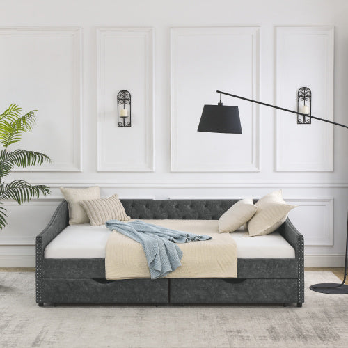 morgan queen size daybed with drawers upholstered tufted sofa bed, grey