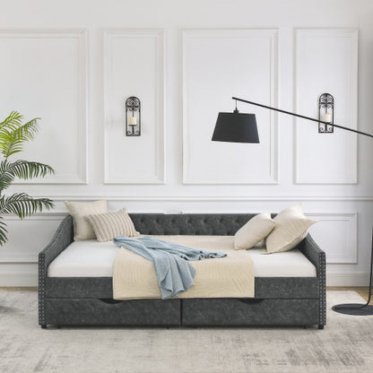 Morgan Queen Size Daybed with Drawers Upholstered Tufted Sofa Bed, Grey