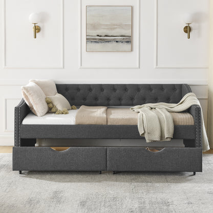 Upholstered Tufted Sofa Bed with drawers in grey