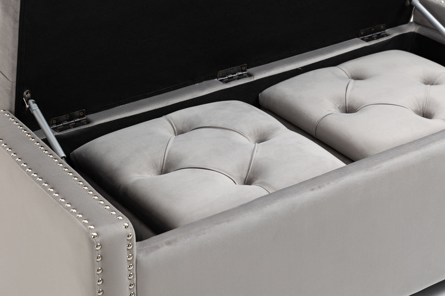 set of 3 47.5" wide upholstered storage ottoman with tufted top and solid wood legs gray