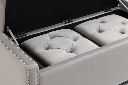 Set of 3 47.5" Wide Upholstered Storage Ottoman with Tufted Top and Solid Wood Legs Gray