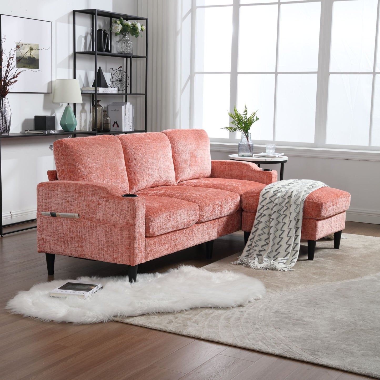 zara storage/ cupholder sectional sofa, pink