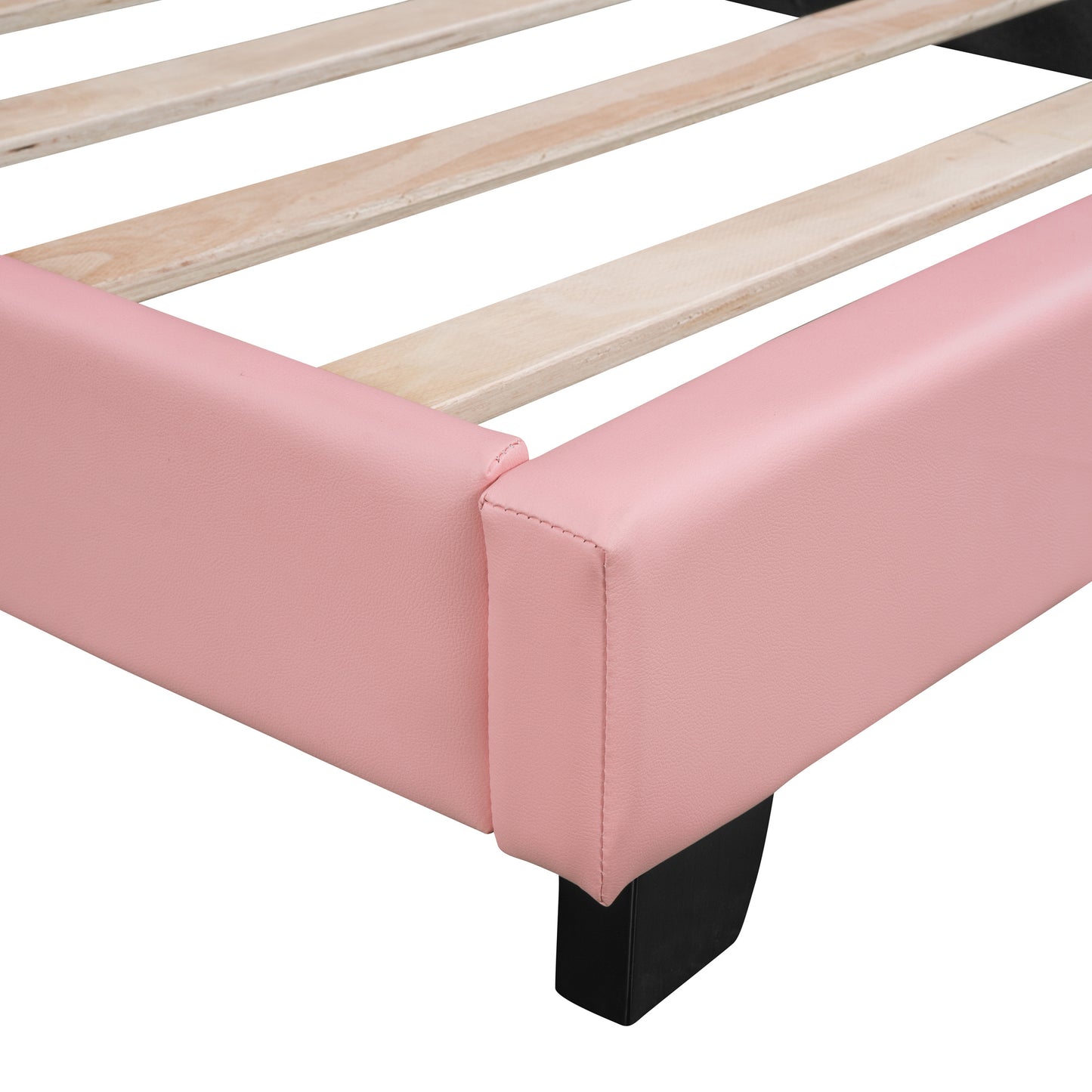 twin size upholstered leather platform bed with rabbit ornament, pink