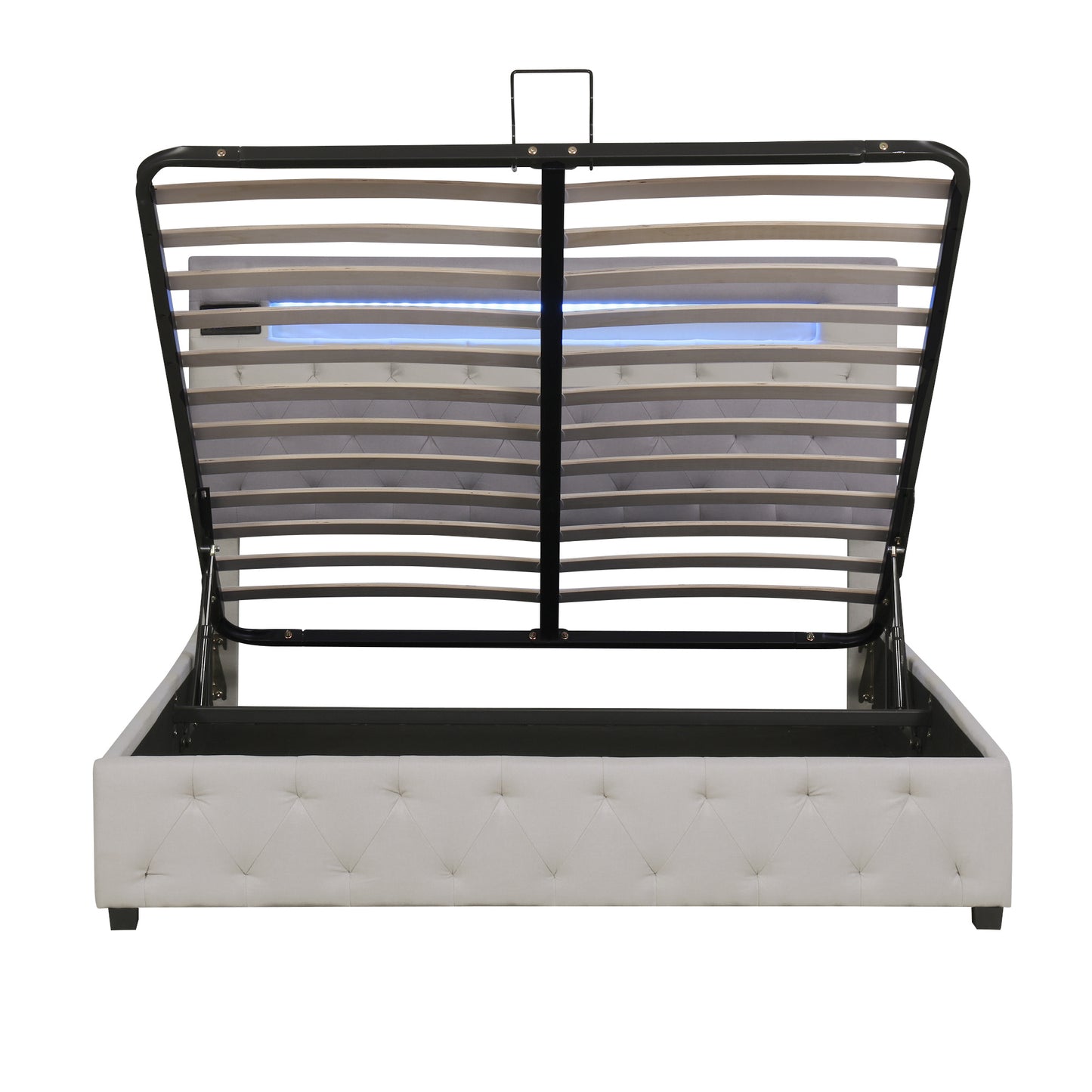 upholstered bed featured with bluetooth audio, led light and usb charging, beige