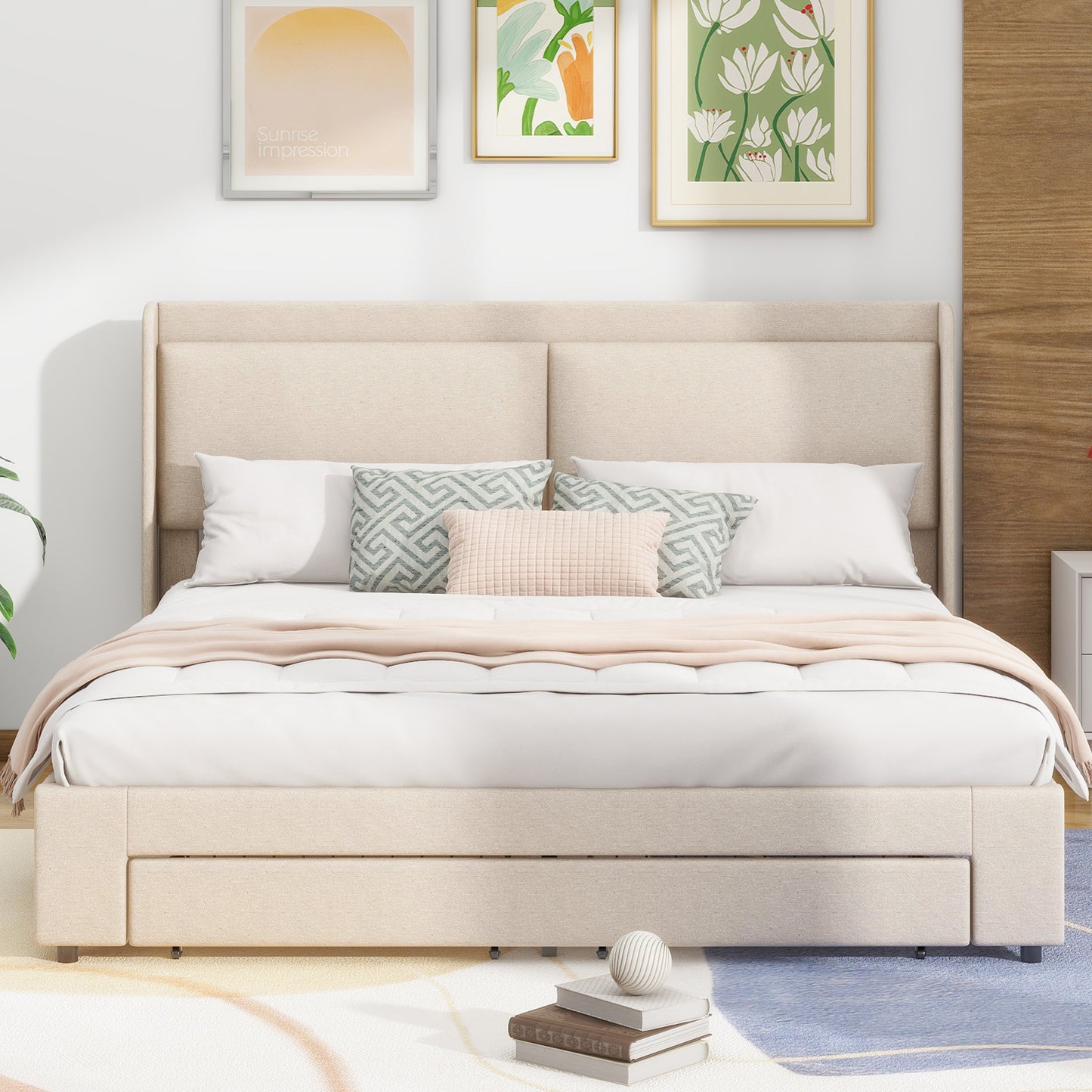 queen size storage upholstered hydraulic platform bed with 2 drawers, beige