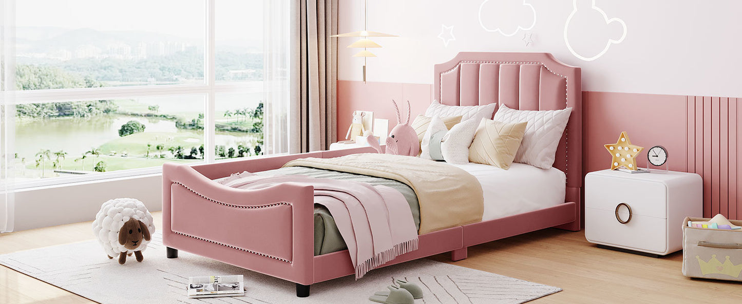 twin size upholstered daybed with classic stripe shaped headboard, pink